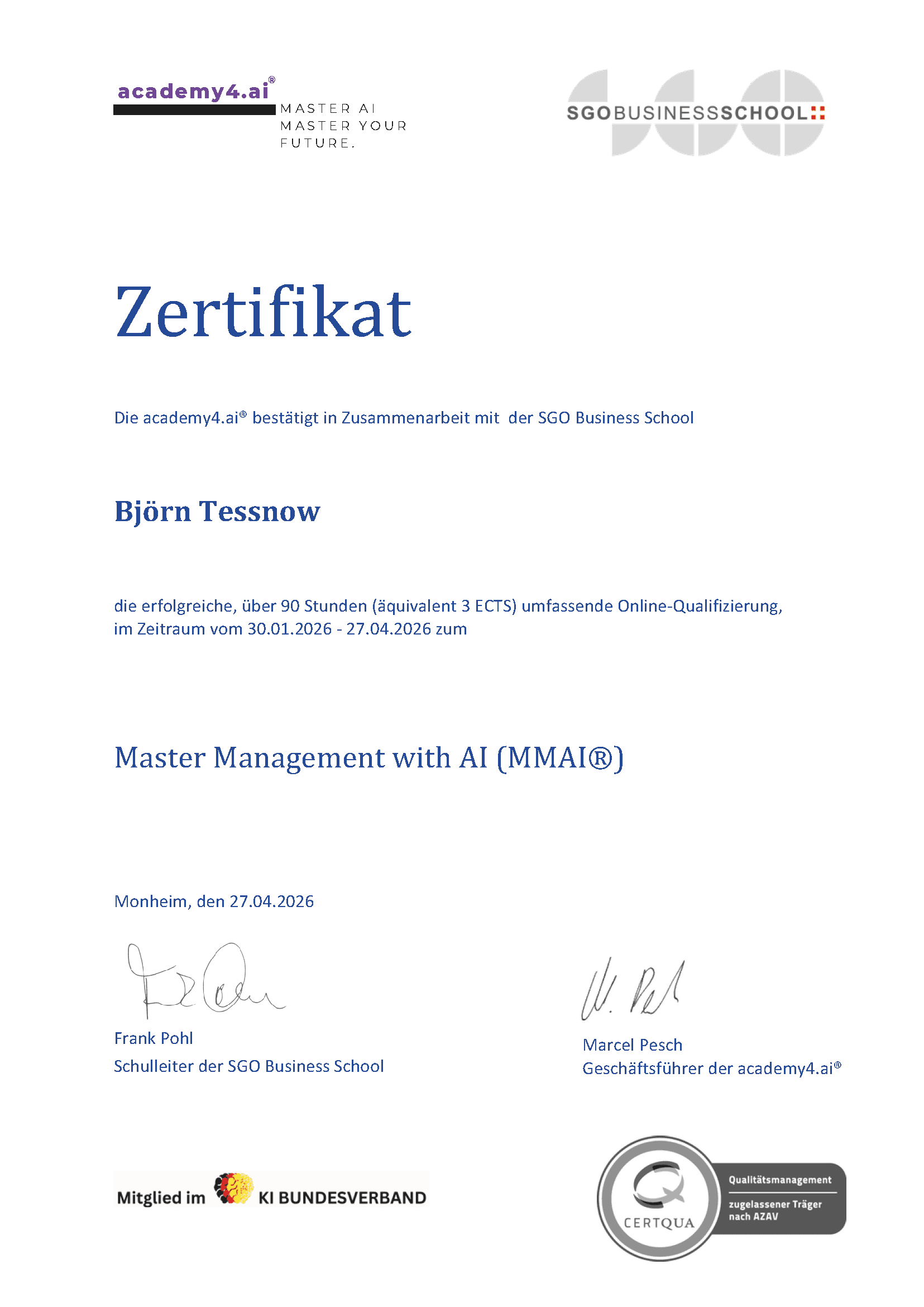 Zertifikat Master Management with AI (MMAI®) von academy4.ai und der SGO Business School für Björn Tessnow